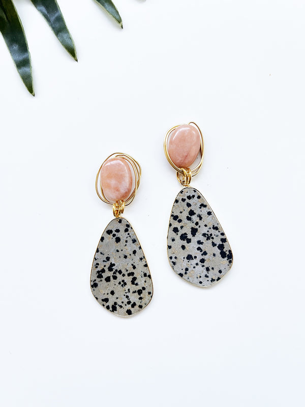 gala earrings - dalmatian jasper and peach aventurine