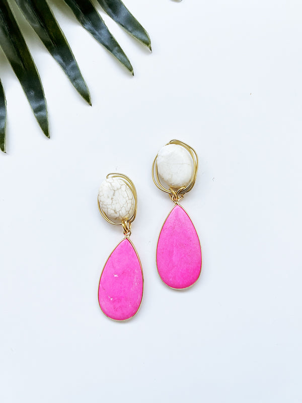 gala earrings - neon pink magnesite and white howlite