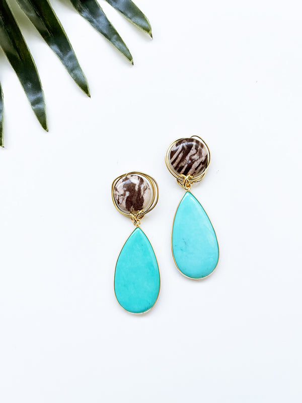 gala earrings - turquoise magnesite and brown zebra jasper