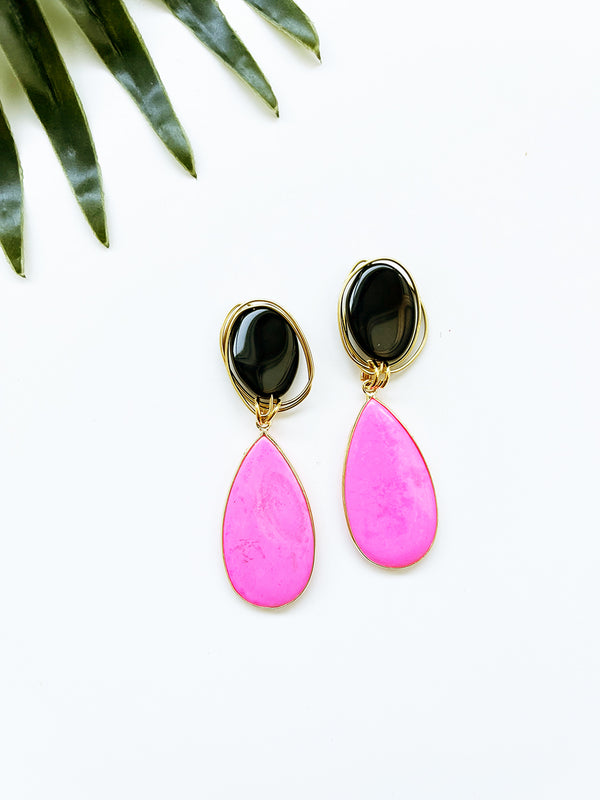 gala earrings - neon pink magnesite and black agate