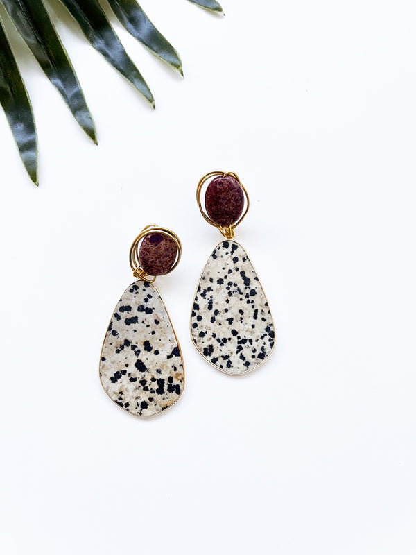 gala earrings - dalmatian jasper and purple impression jasper