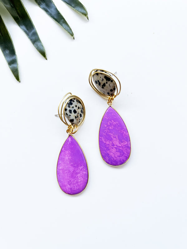 gala earrings - purple magnesite and dalmatian jasper