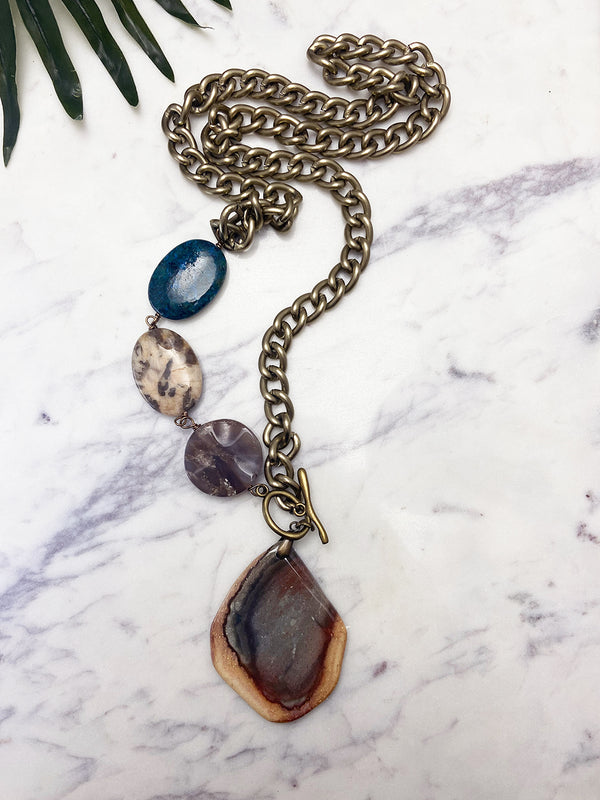 maxi asymmetrical pendant necklace - landscape jasper and feldspath