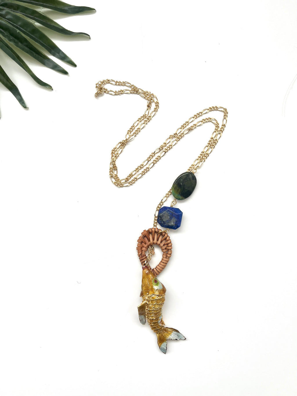hooked necklace - rattan and lapis lazuli