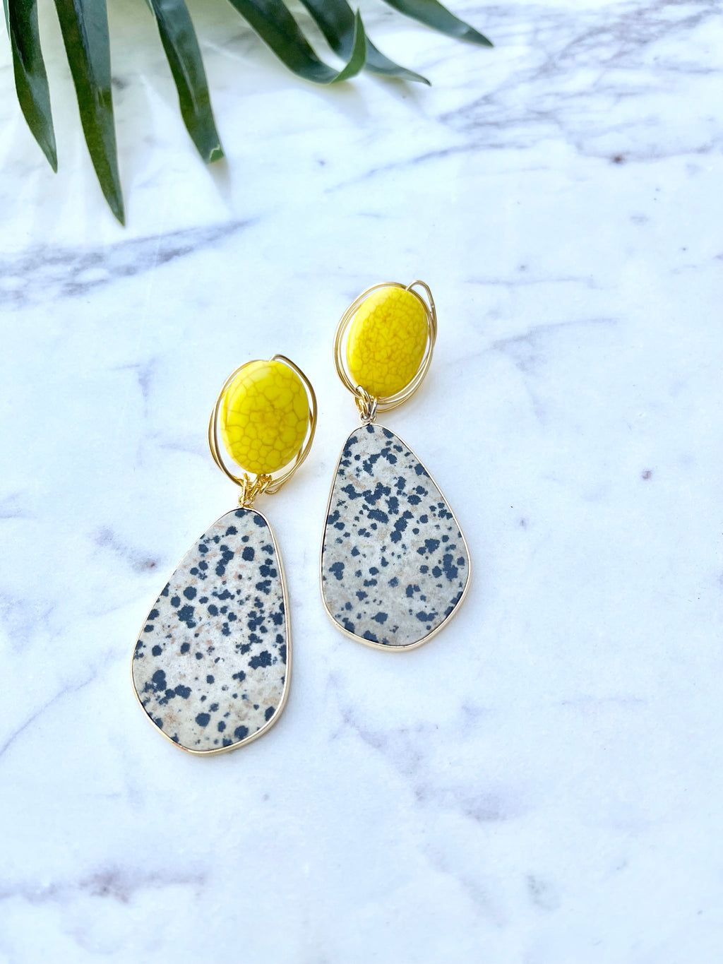gala earrings - dalmatian jasper and yellow howlite