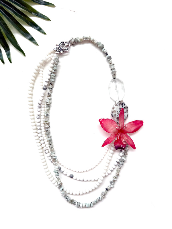 bloom tiered necklace - coral pink cattleya and white