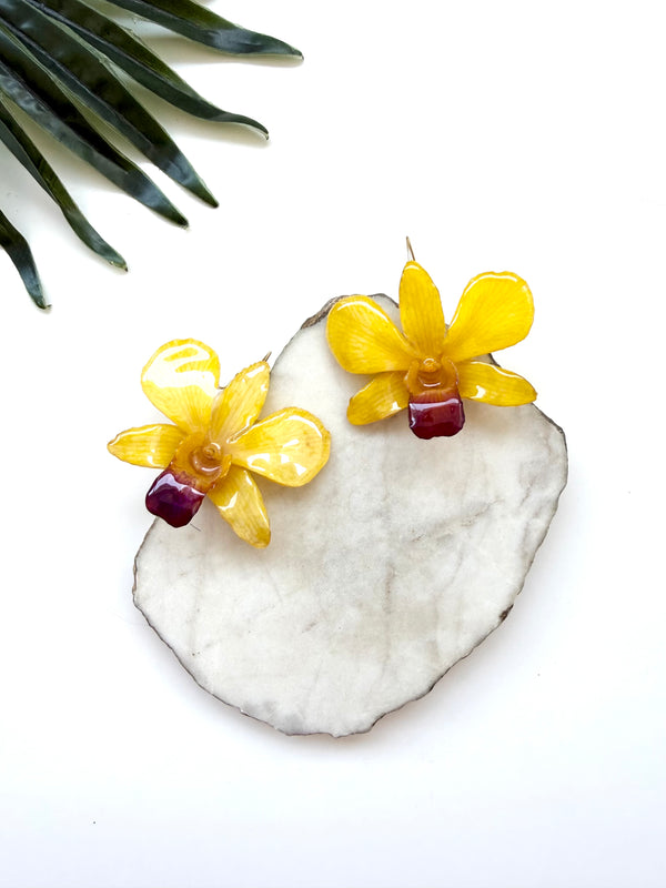 bloom earrings - yellow dendrobium