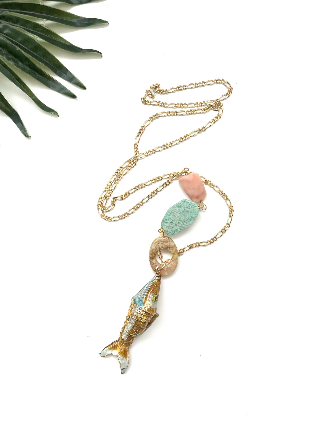 hooked necklace - amazonite and peach aventurine