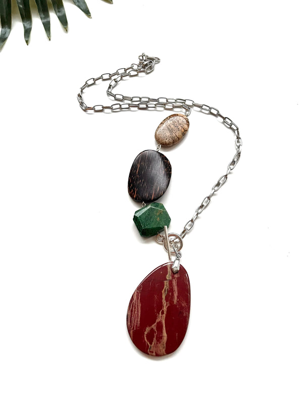 asymmetrical pendant necklace - red jasper and palmwood
