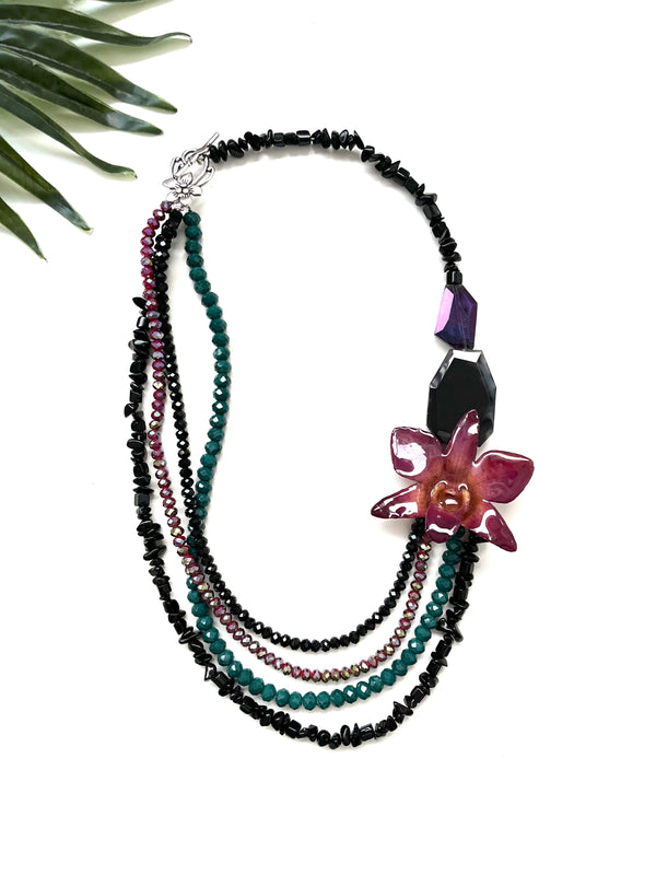 bloom tiered necklace -  dendrobium and black agate