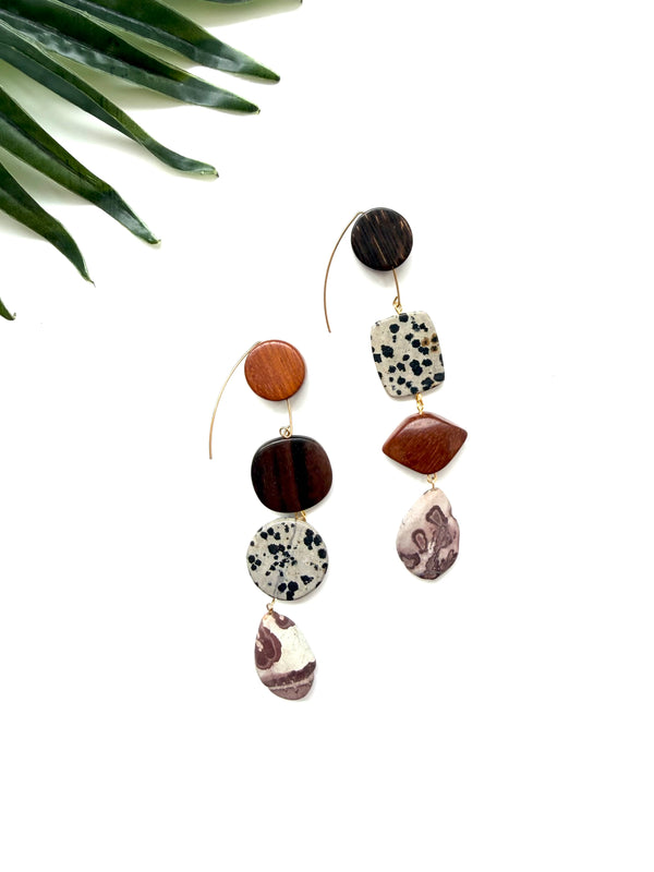 goddess earrings - wood and jasper