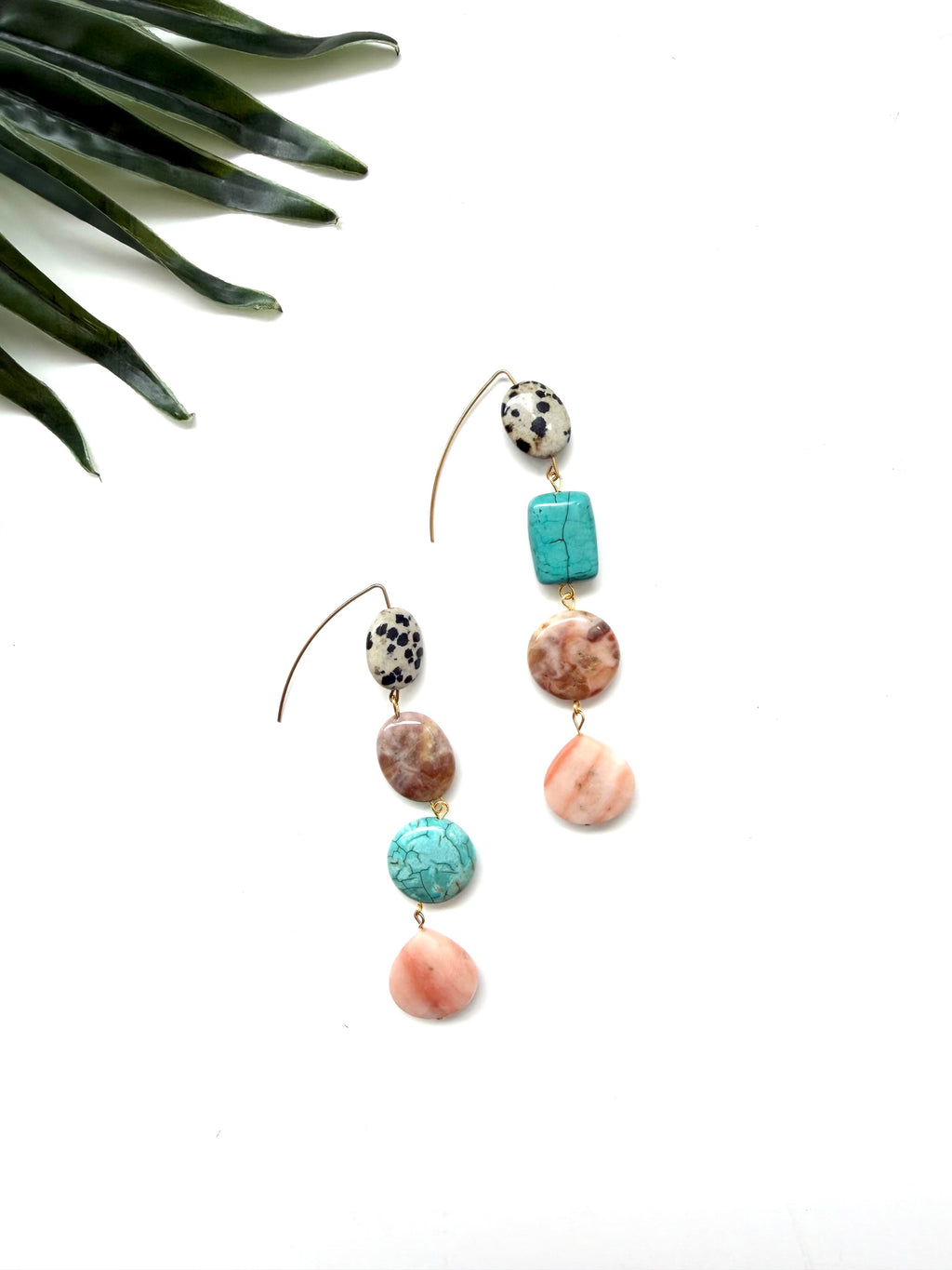 goddess earrings - peach aventurine and Dalmatian jasper