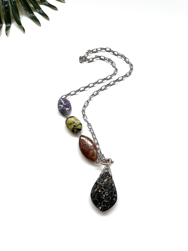 asymmetrical pendant necklace - fossil jasper and yellow turquoise