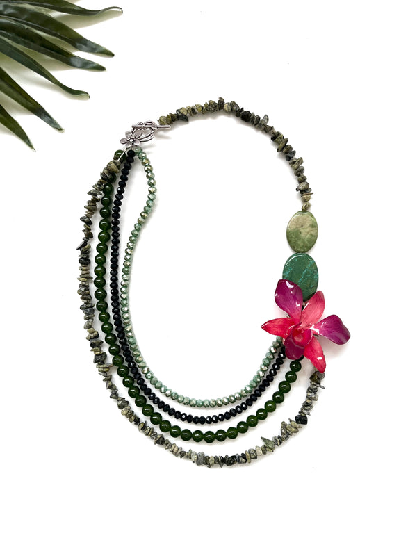 bloom tiered necklace - dendrobium and green candy jade