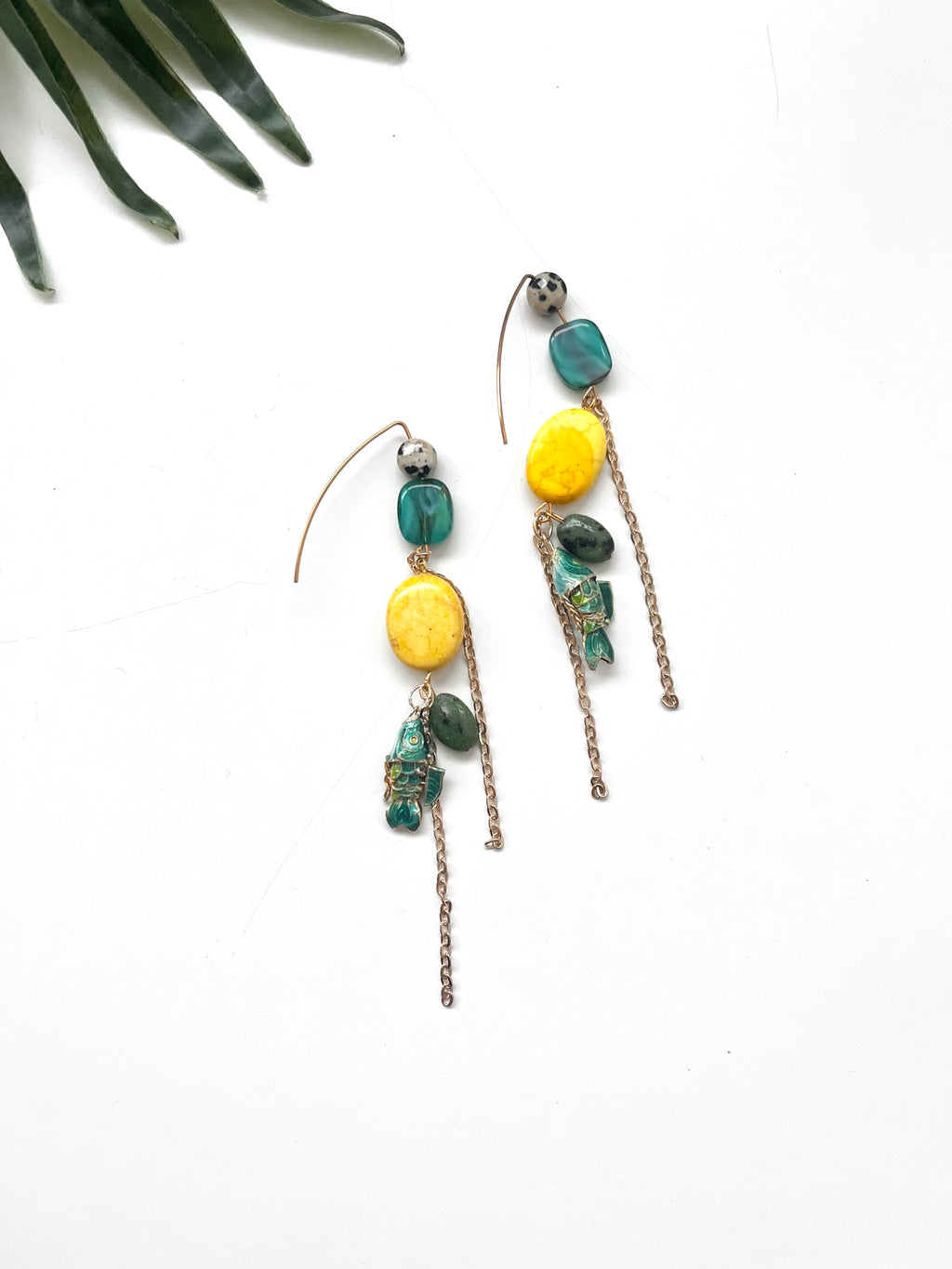 hooked earrings - yellow and teal