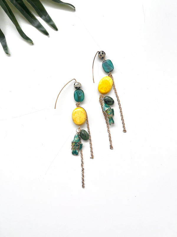 hooked earrings - yellow and teal