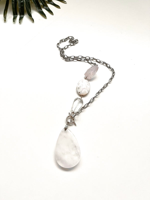 asymmetrical pendant necklace - rose and crystal quartz