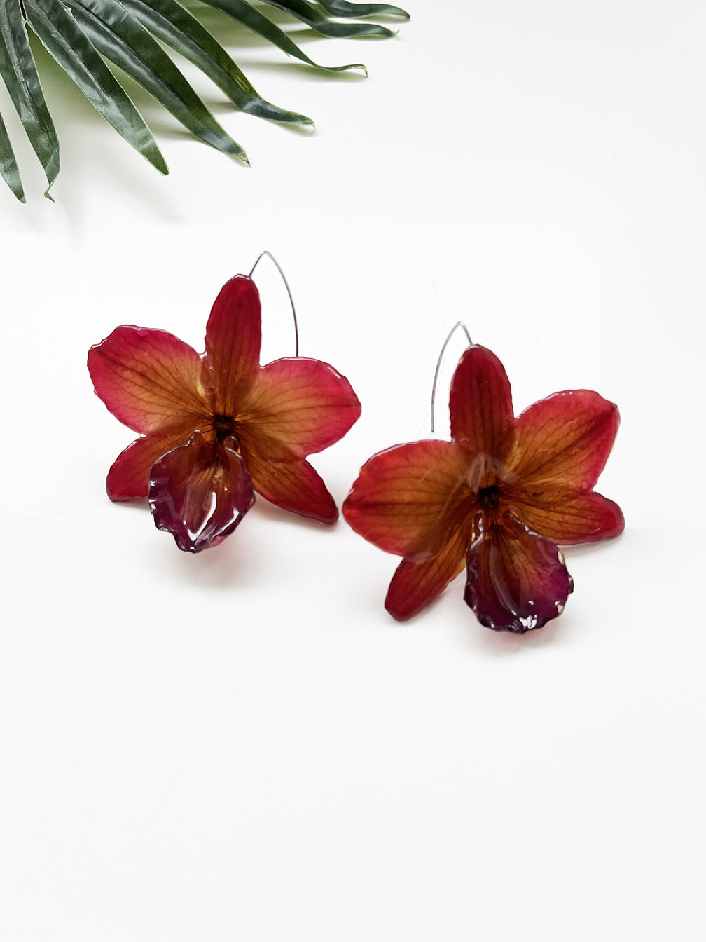 bloom earrings - dark red cattleya sakura