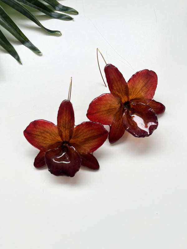 bloom earrings - dark red cattleya sakura II