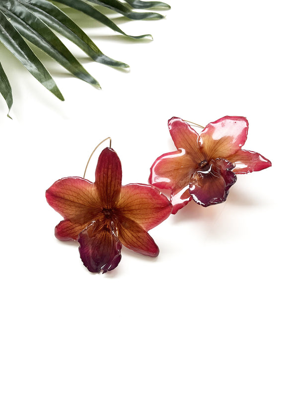 bloom earrings - dark red cattleya sakura III