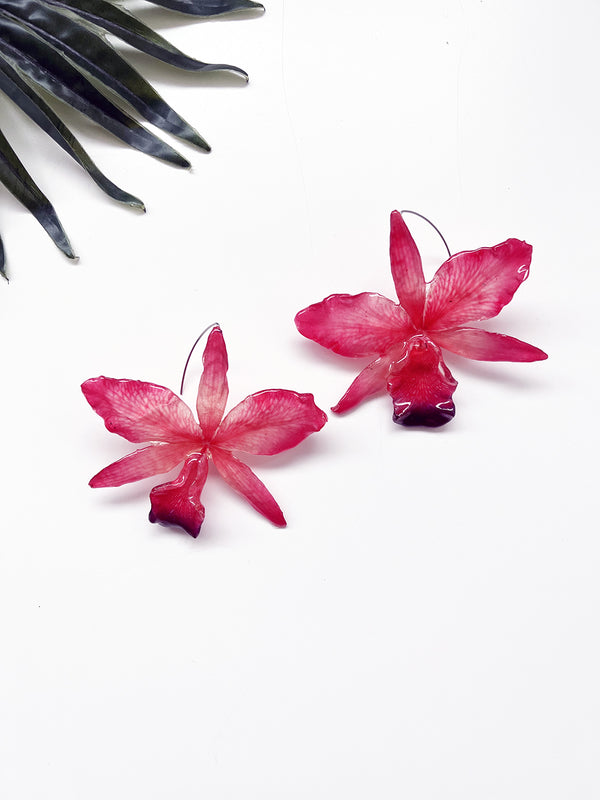 bloom earrings - coral red cattleya orchid IV