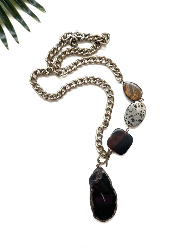 maxi asymmetrical pendant necklace - black agate and dalmatian jasper