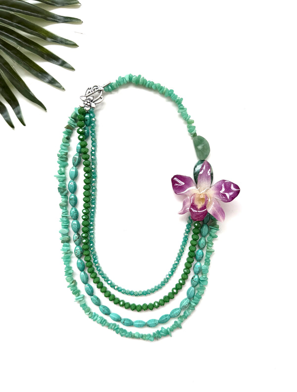 bloom tiered necklace - purple dendrobium and turquoise
