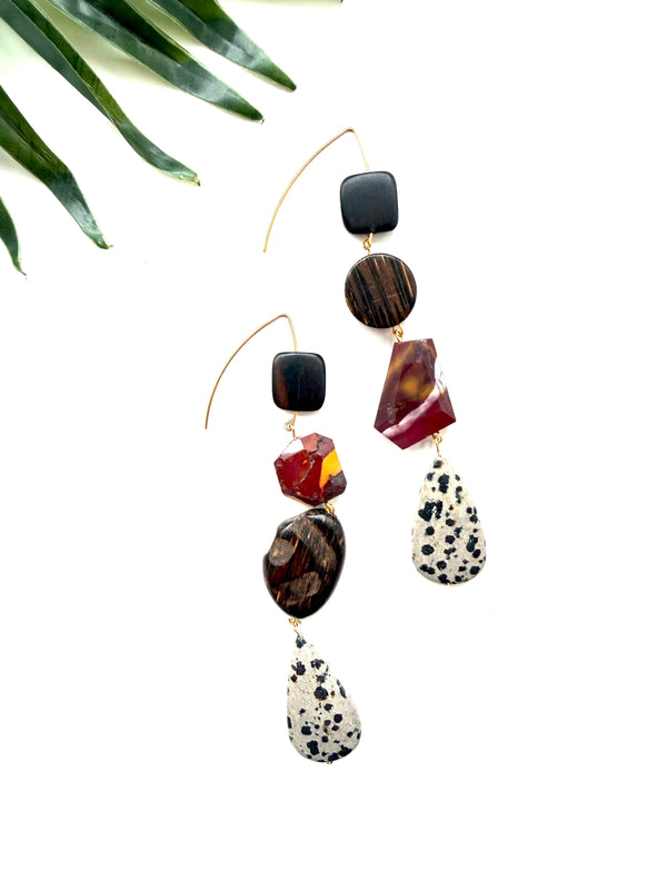 goddess earrings - wood and Dalmatian jasper