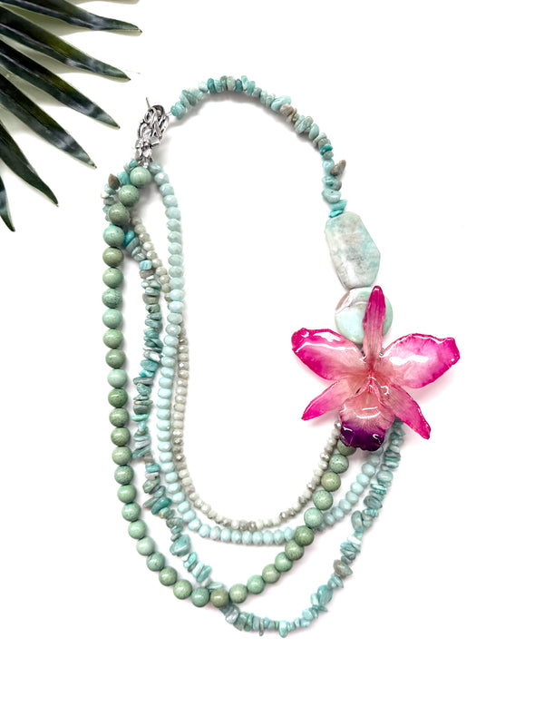 bloom tiered necklace - pink cattleya and turquoise