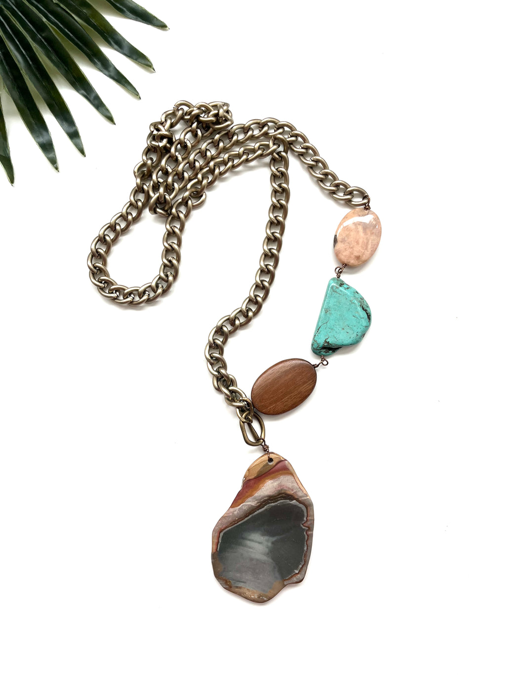 maxi asymmetrical pendant necklace - landscape jasper and turquoise howlite