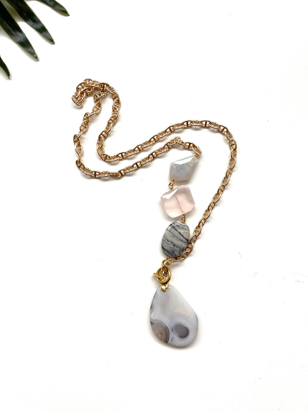 asymmetrical pendant necklace -  agate and rise quartz