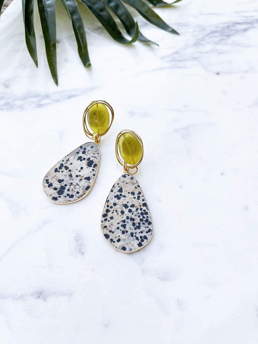 gala earrings - dalmatian jasper and olive jade