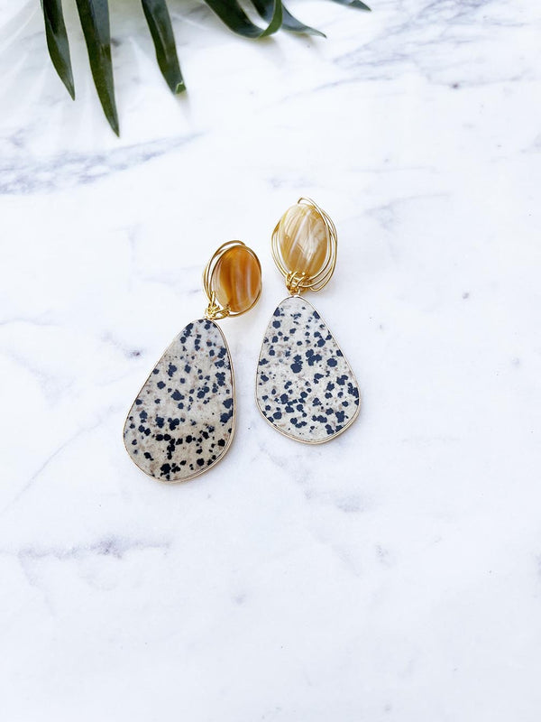 gala earrings - dalmatian jasper and yellow agate