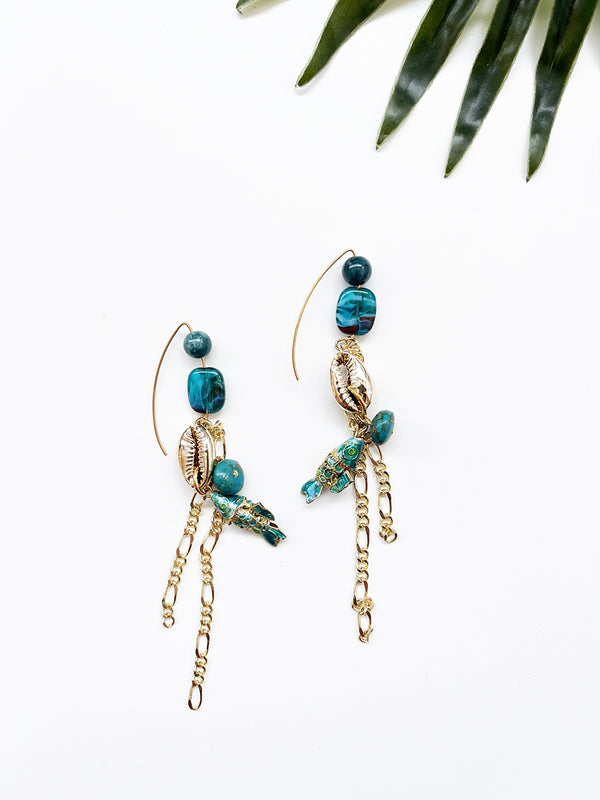 hooked earrings - teal and gold