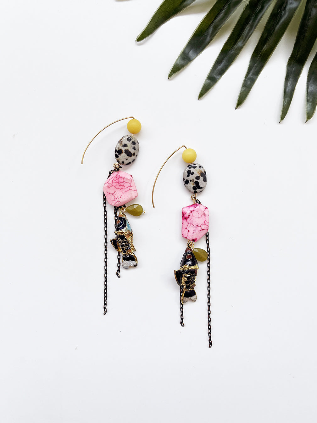 hooked earrings - hot pink howlite and dalmatian jasper