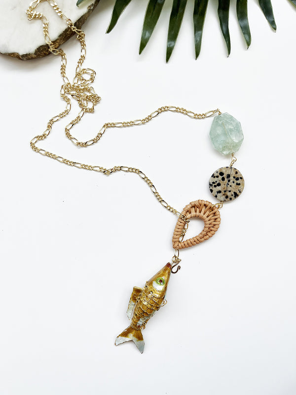 hooked necklace - rattan and dalmatian jasper