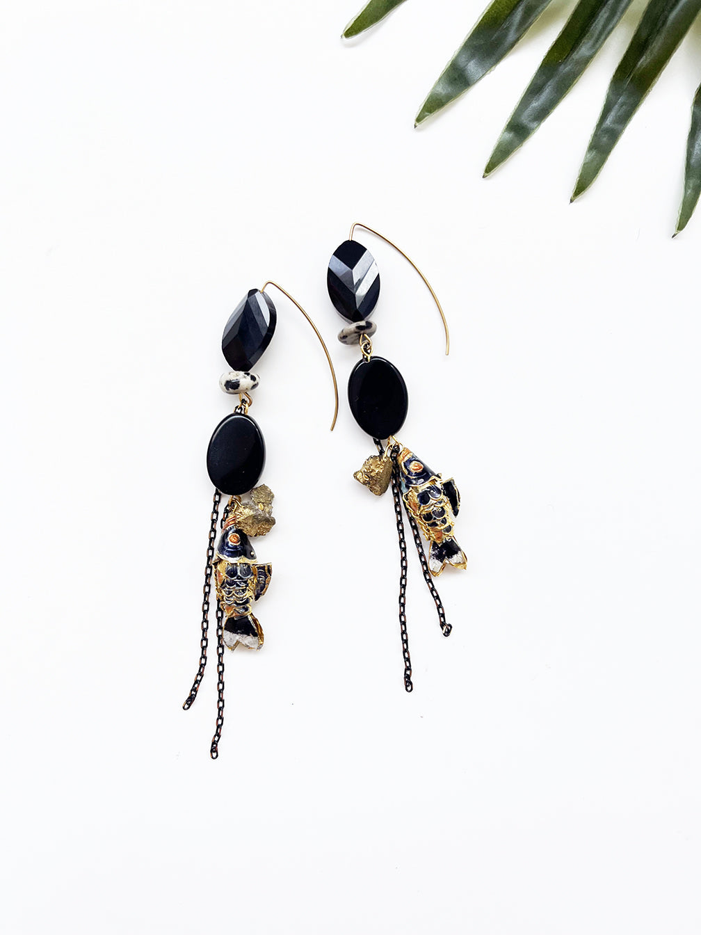 hooked earrings - black agate and faceted glass