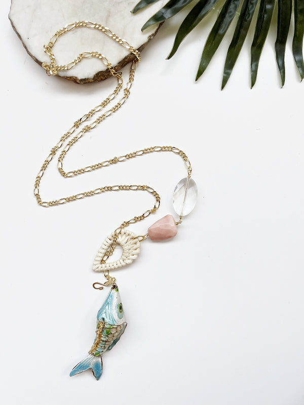 hooked necklace - rattan and peach aventurine