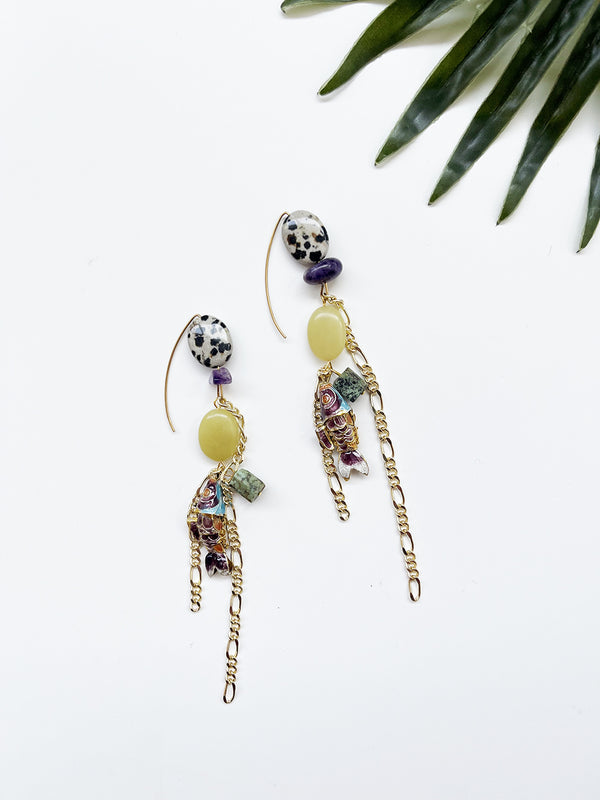 hooked earrings - lemon jade and dalmatian jasper