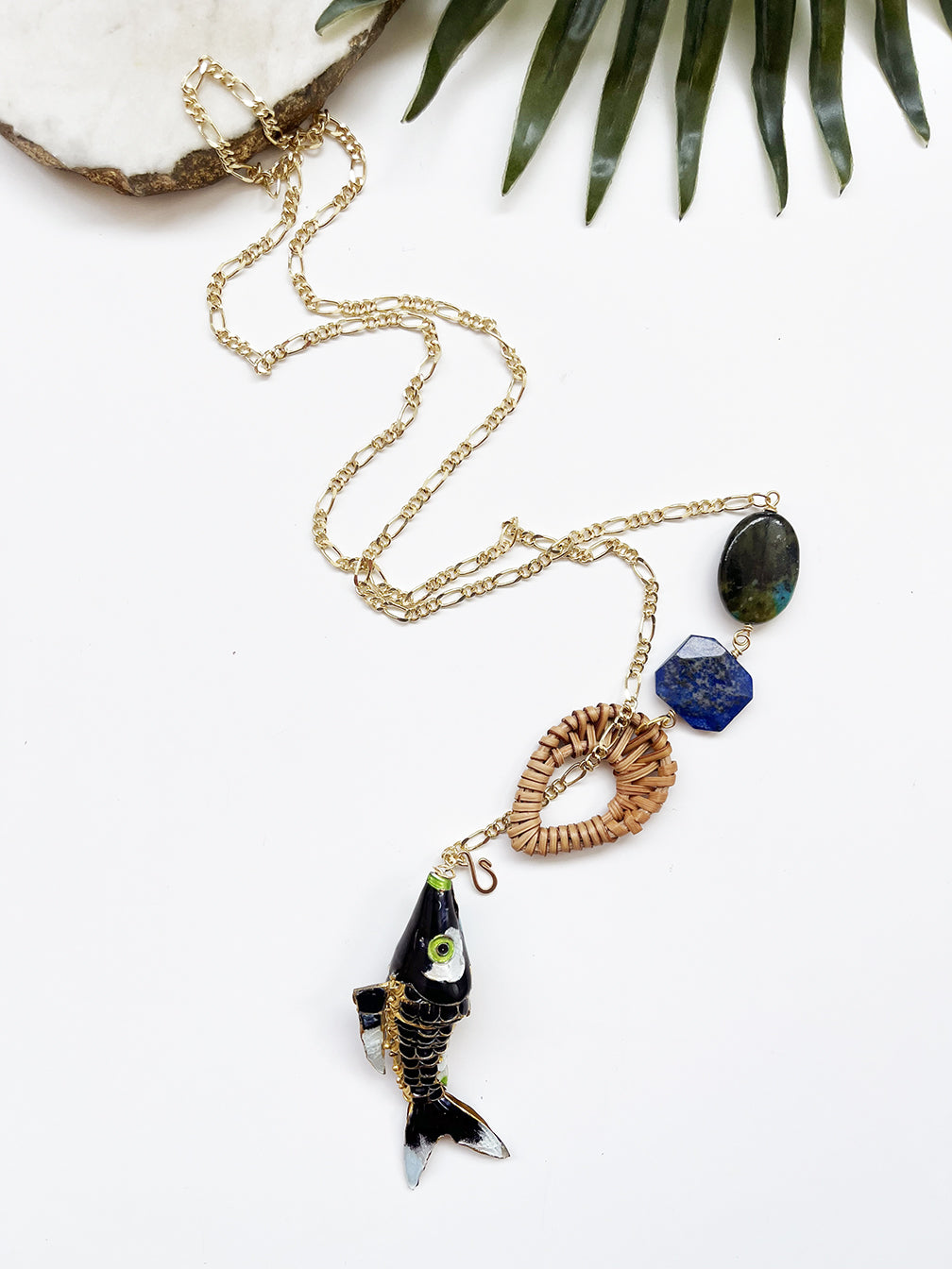 hooked necklace - rattan and lapis lazuli