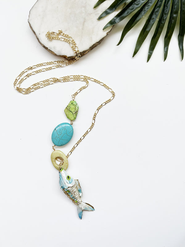 hooked necklace - turquoise and lime green magnesite