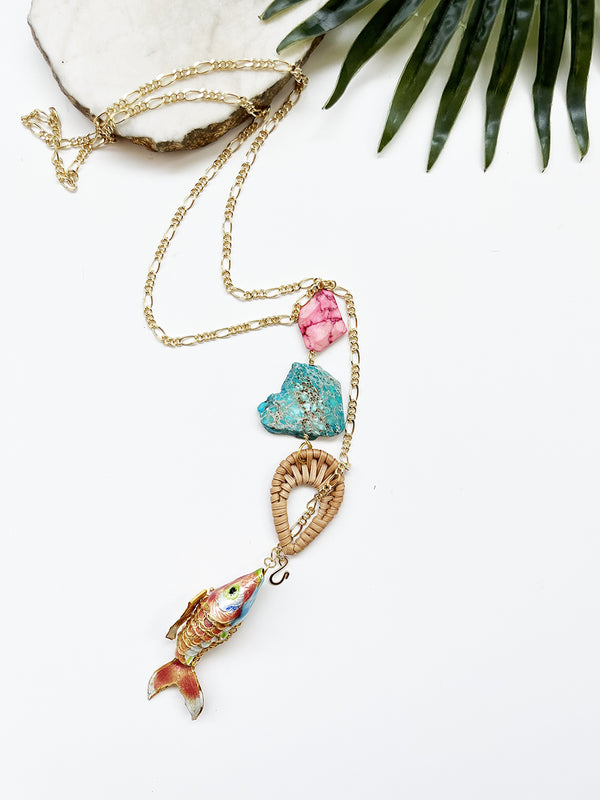 hooked necklace - rattan and hot pink magnesite