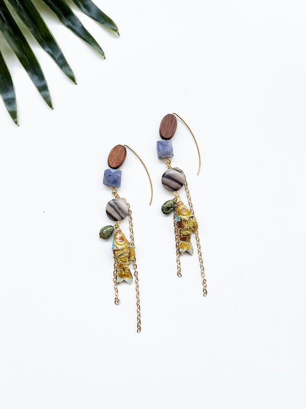 hooked earrings - wood and tanzanite