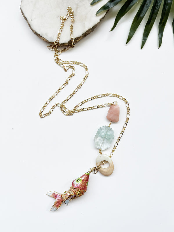 hooked necklace - peach aventurine and seafoam glass