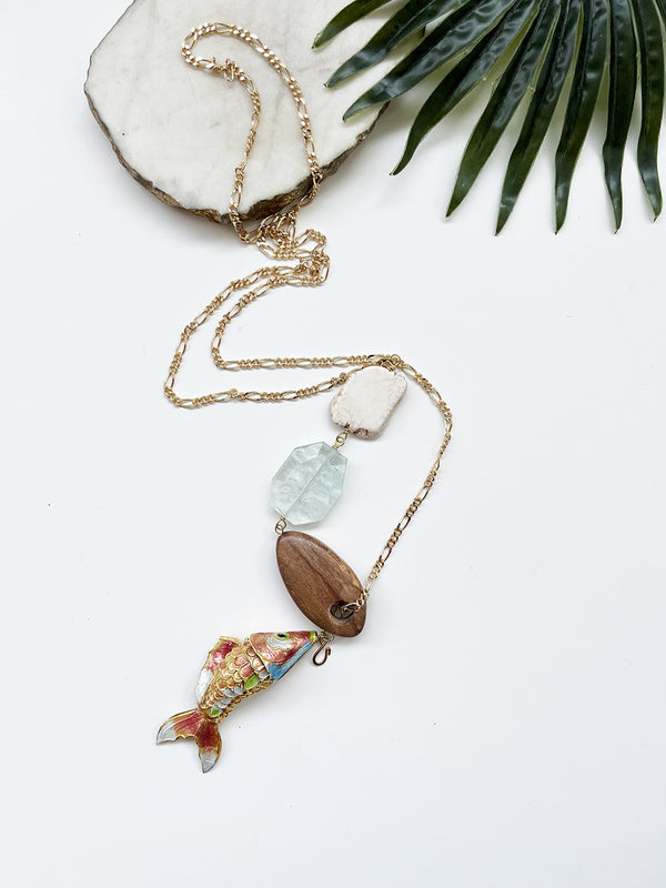 hooked necklace - mango wood and white magnesite