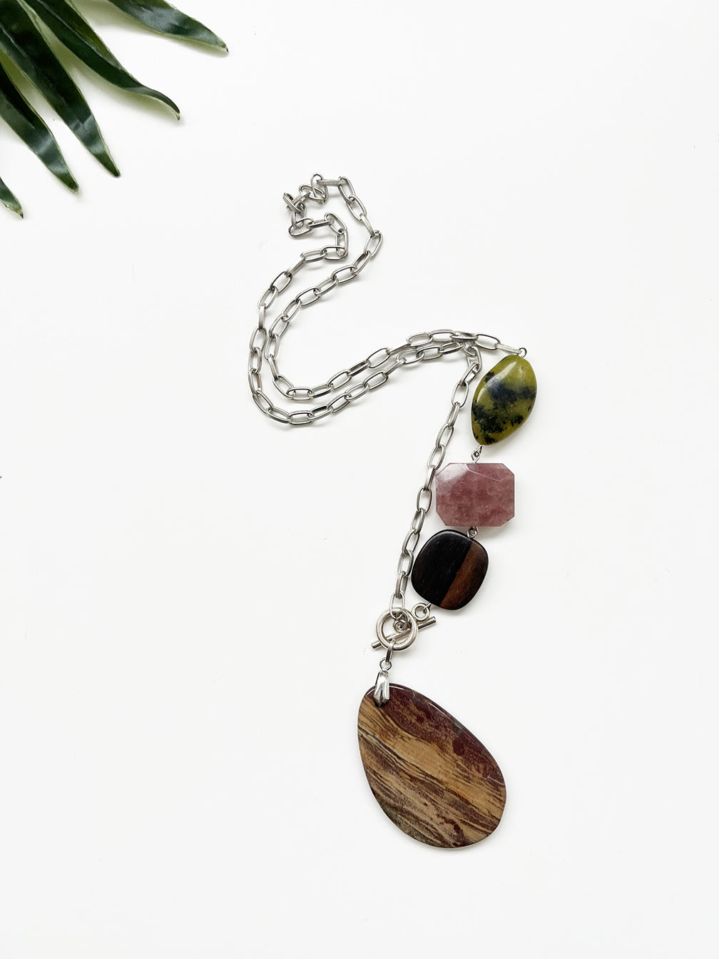 mocha mousse asymmetrical pendant necklace - jasper and strawberry quartz