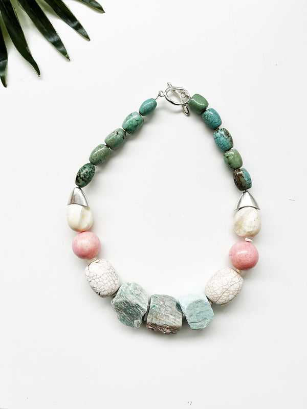 rocksteady necklace - amazonite and pink sponge coral