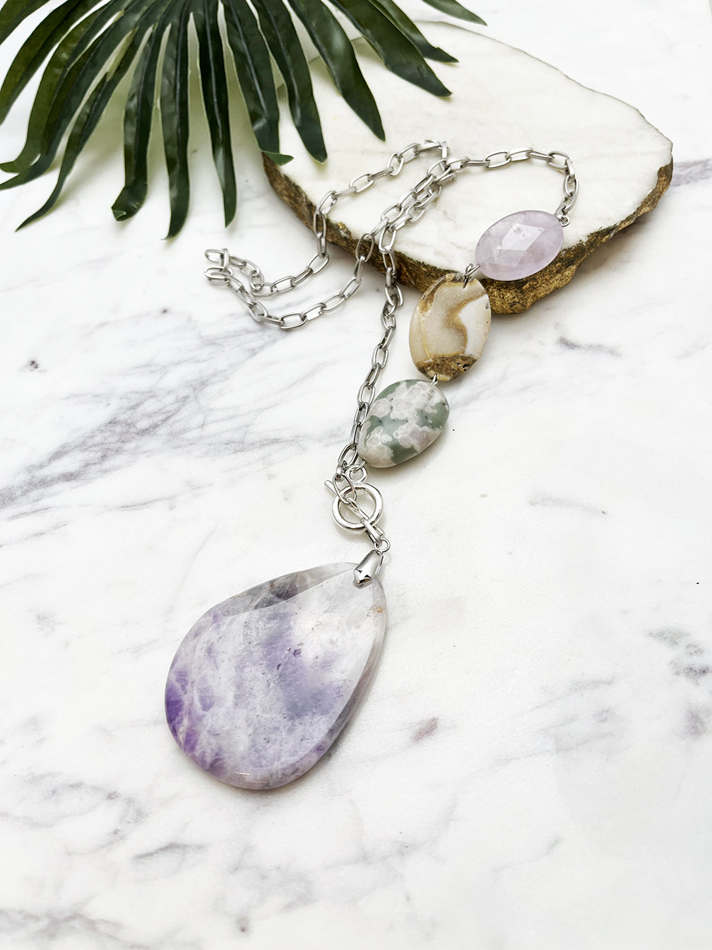 asymmetrical pendant necklace - amethyst and peace stone