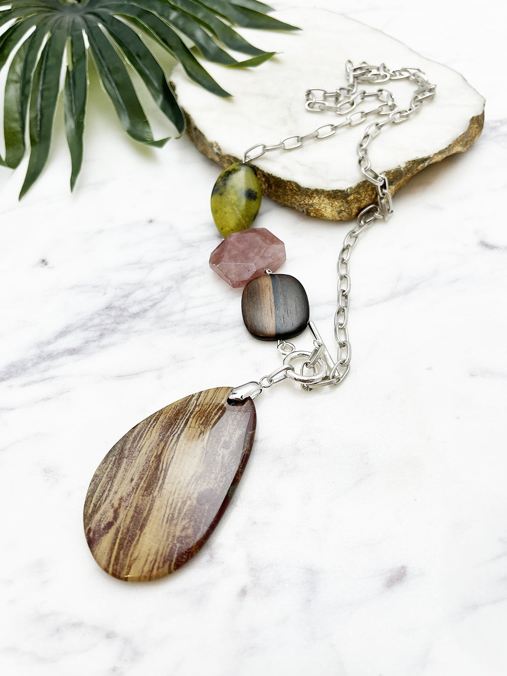 asymmetrical pendant necklace - jasper and strawberry quartz