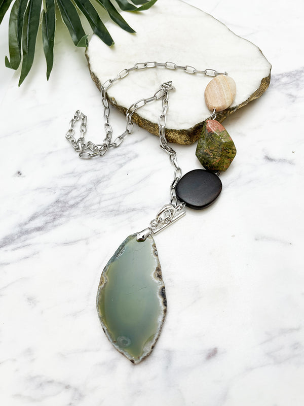 asymmetrical pendant necklace - green agate and unakite